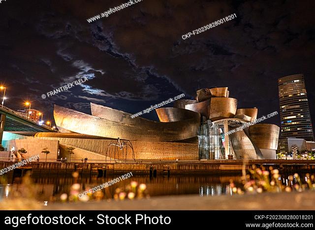 Bilbao, the largest city in Basque country in Spain and the capitol of the province of Biscay on July 28, 2023. Guggenheim Muzeum at night