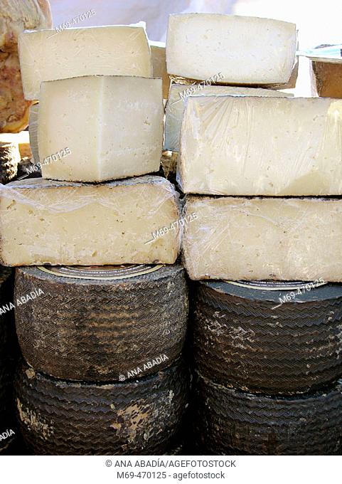 Cheeses for sale. Fira Avícola Raça Prat, El Prat de Llobregat, Barcelona province, Catalonia, Spain