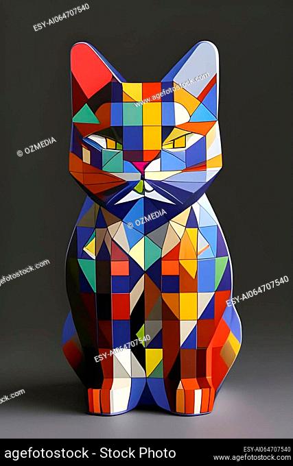Colorful geometric cat in dark background, generated by AI