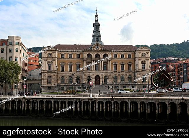 bilbao baroque town hall on the right bank of the estuary of bilbao, nervion river, basque country, spain