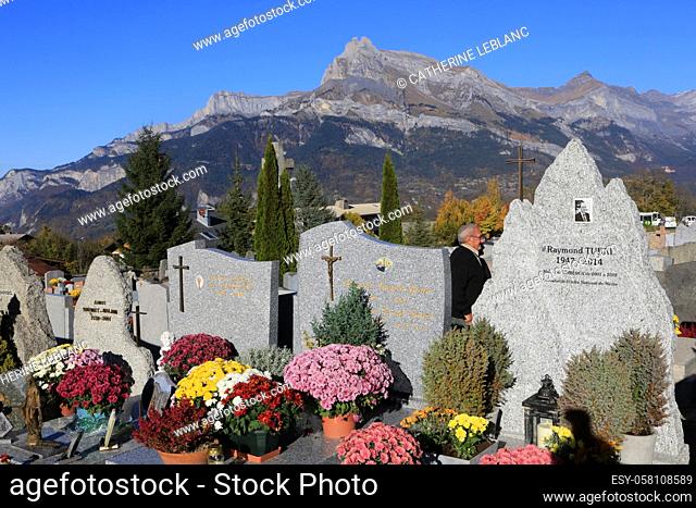 Gravestones. Graveyard. Toussaint. Warens needles. French Alps. Comboux. Haute-Savoie. Auvergne Rhône-Alpes. France. Europe