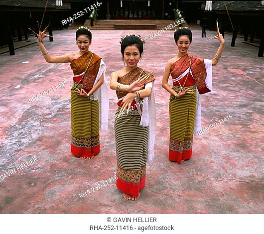 Portrait of three women in traditional Thai costume, Chiang Mai, Thailand, Southeast Asia, Asia