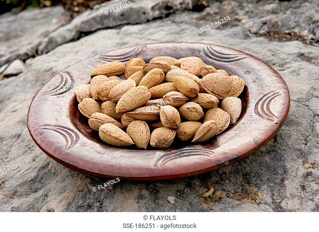 Bowl of almonds outdoors