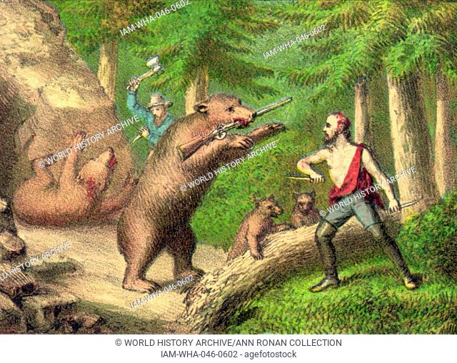 American woodsmen hunting bears in the forests in mid 19th century. The Right to bear arms is perhaps lampooned in this illustration