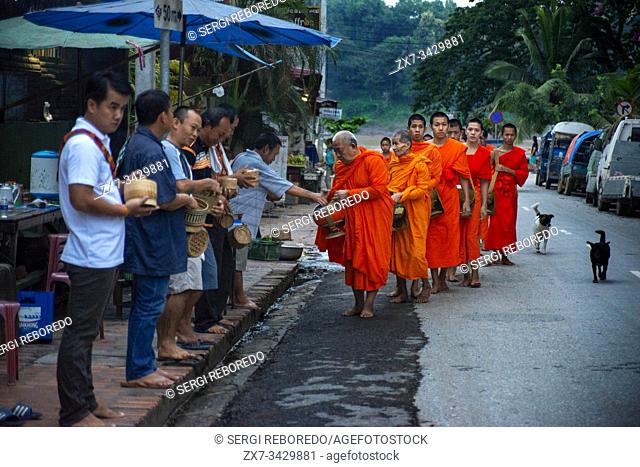 Tak bat ritual - Buddhist monks receive rice and food from pupulation in early morning in Luang Prabang , Laos, Asia