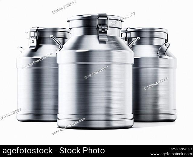 Metal retro milk cans isolated on white background. 3D illustration