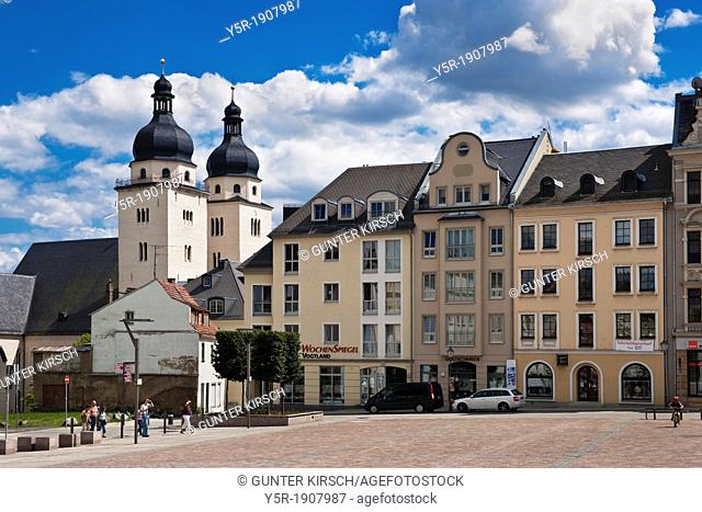 View over the old marketplace to the Protestant Lutheran Church of St John, oldest church of Plauen, Vogtland, Saxony, Germany, Europe