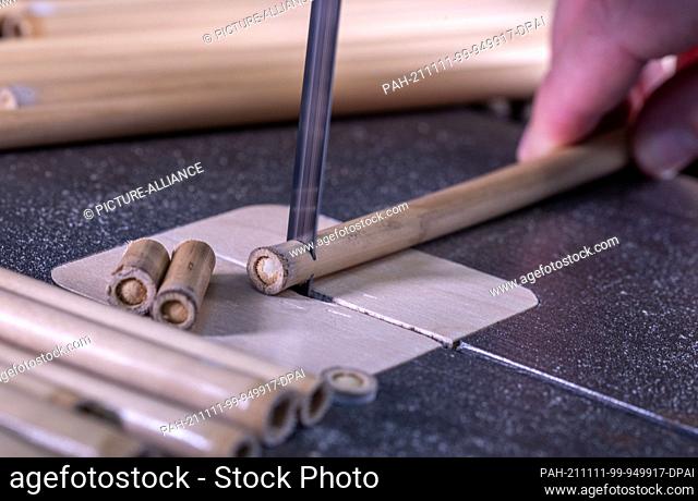 PRODUCTION - 25 October 2021, Mecklenburg-Western Pomerania, Kröpelin: Reed cane is cut to length in the Michaelwerk workshop for disabled people for the...