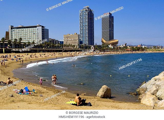 Spain, Catalonia, Barcelona, Barcelonata Beach, the Peix or the Ballena Whale by Frank O. Gehry, and the Hotel Arts and the Mapfre Insurances towers in the...