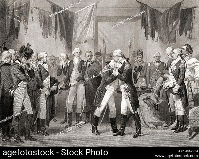 Washington parting from his officers at Fraunces Tavern, New York City, USA, on December 4th, 1783. George Washington, 1732 - 1799