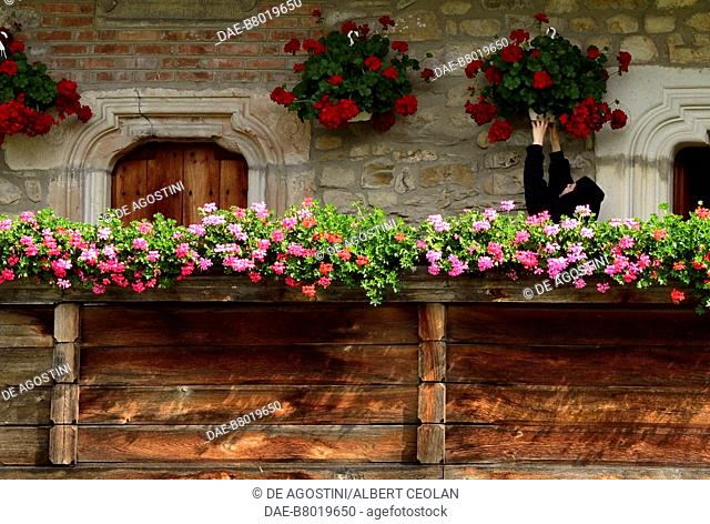 Balcony with flowers, museum of Moldovita Monastery (UNESCO World Heritage List, 1993), Vatra Moldovitei, Bukovina, Moldova, Romania