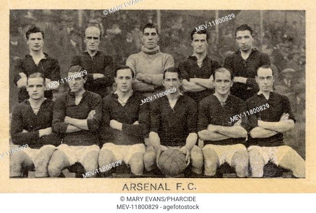 Arsenal FC football team c 1922-1923. Back row: Voysey, Rutherford, Dunn, Boreham, Graham. Front row: Baker, White, Young, Bradshaw, Turnbull, Patterson