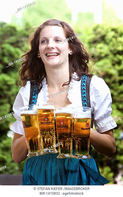 Waitress in a dirndl, beer glasses, in a Bavarian beer garden, Regensburg, Bavaria, Germany, Europe