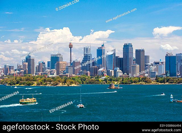 The Sydney skyline seen from Taronga Zoo on a clear summer's day in Sydney, Australia