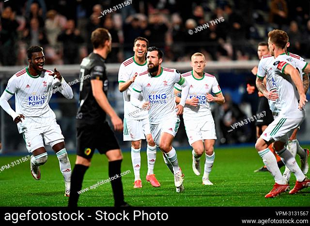 OHL's Xavier Mercier celebrates after scoring during a soccer match between Oud-Heverlee Leuven and KV Oostende, Friday 05 November 2021 in Heverlee