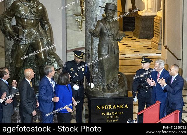 The statue honoring American writer Willa Cather of Nebraska is unveiled in Statuary Hall in the United States Capitol in Washington, DC on Wednesday, June 7