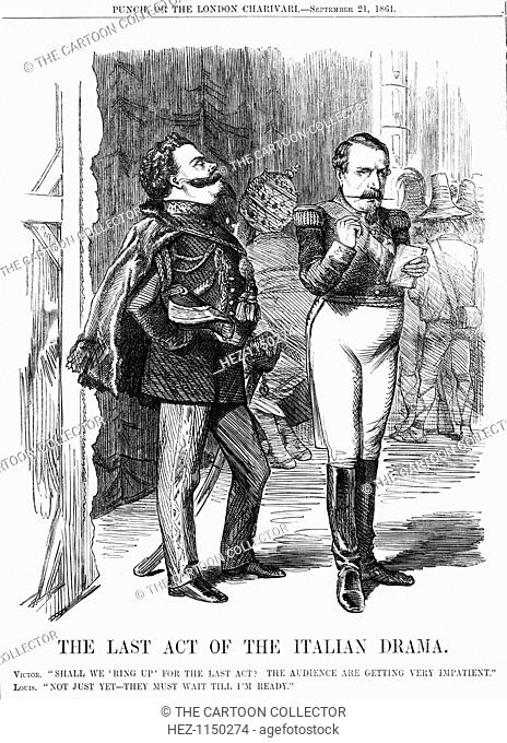 'The Last Act of the Italian Drama', 1861. The final act of the ongoing problems surrounding the unification of Italy. King Victor Emmanuel II on the left and...
