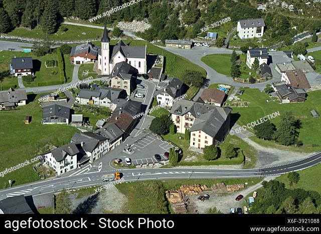 Bird's eye view on municipality of Trient, Trient Valley, Valais, Switzerland