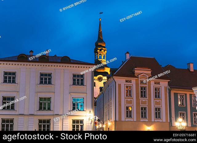 Tallinn, Estonia. Cathedral Of Saint Mary The Virgin or Dome Church In Night Time. Famous And Popular Landmark. UNESCO World Heritage Site