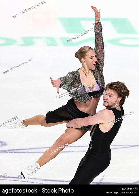 RUSSIA, CHELYABINSK - DECEMBER 21, 2023: Ice dancers Yekaterina Mironova and Yevgeny Ustenko perform their rhythm dance during the ice dance event of the 2024...