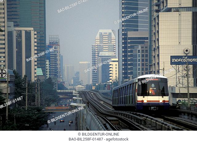 The metro of Bangkok high over the streets in the skyline of the capital of Bangkok in Thailand in southeast Asia