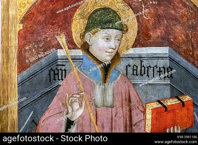 Saint Sebastian with a book and an arrow, altarpiece of the saints archangels, Gabriel Moger, 1407, tempera on wood, Puig de Pollensa monastery of the virgin...