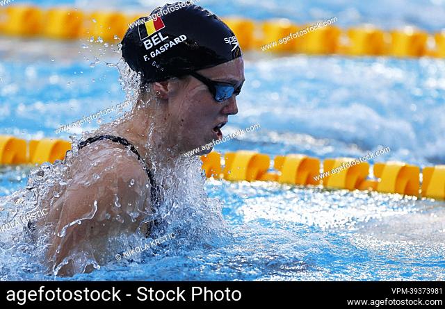 Belgian Florine Gaspard pictured in action at the women's 50m Breaststroke event during the swimming European championships in Rome, Italy