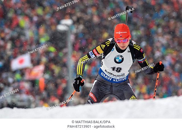 Slovakian biathlete Anastasiya Kuzmina participates in the women's 7, 5 km sprint within the Biathlon World Cup at the Chiemgau Arena in Ruhpolding, Germany