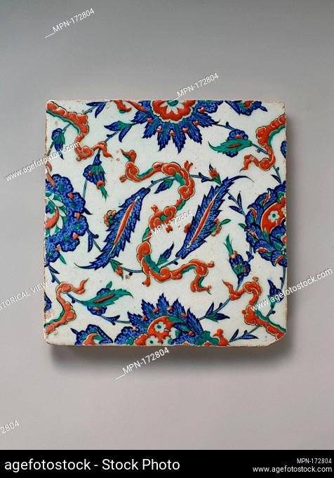 Tile with Floral and Cloud-band Design. Object Name: Tile; Date: ca. 1578; Geography: Made in Turkey, Iznik; Medium: Stonepaste; polychrome painted under...