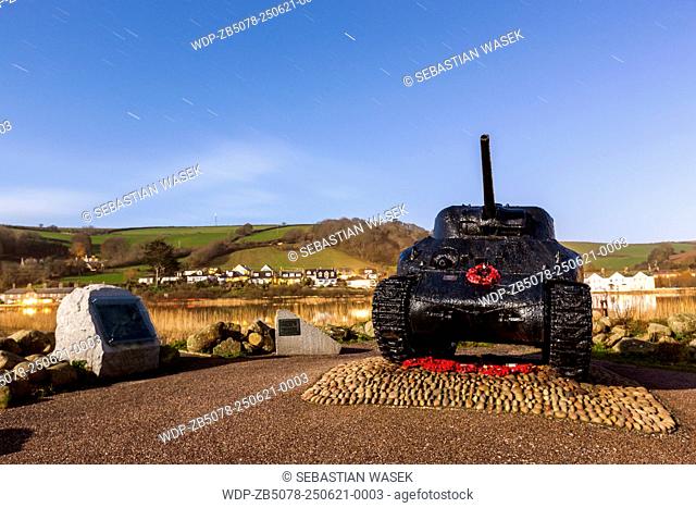 Sherman tank retrieved from Start Bay and set up as a war memorial in Torcross, Devon, England, United Kingdom