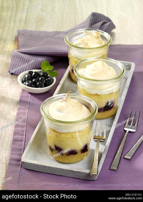 Mini cheesecake with blueberries and meringue baked in glasses