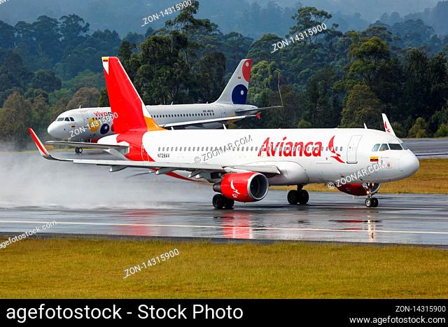 Medellin, Colombia ? January 26, 2019: Avianca Airbus A320 airplane at Medellin airport (MDE) in Colombia