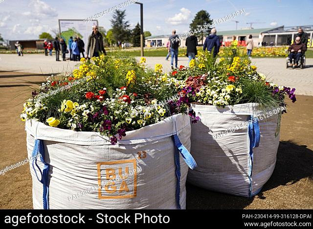 14 April 2023, Baden-Württemberg, Mannheim: Flower tubs stand at the entrance at the start of the Federal Horticultural Show