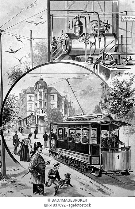 The electric tram in Stuttgart, Baden-Wuerttemberg, Germany, historical illustration, ca. 1893