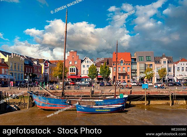 Historic cityscape at the inland port, Husum, Schleswig-Holstein, Germany, Europe