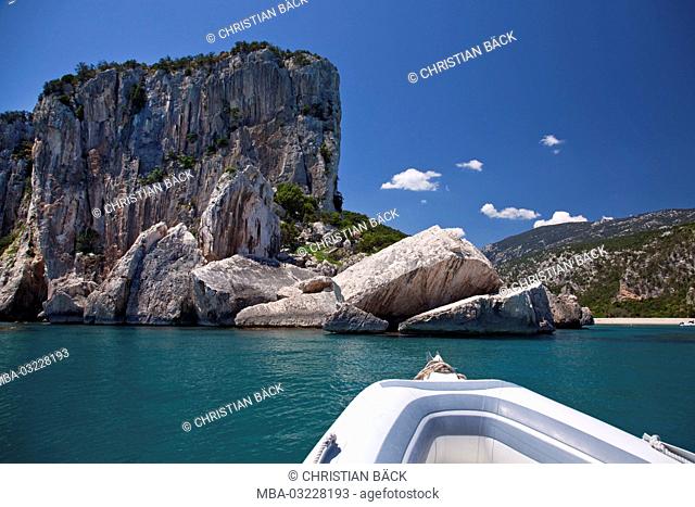 View to the Cala Luna of the rubber dinghy, Golfo di Orosei, East sardinia, Sardinia, Italy, Europe