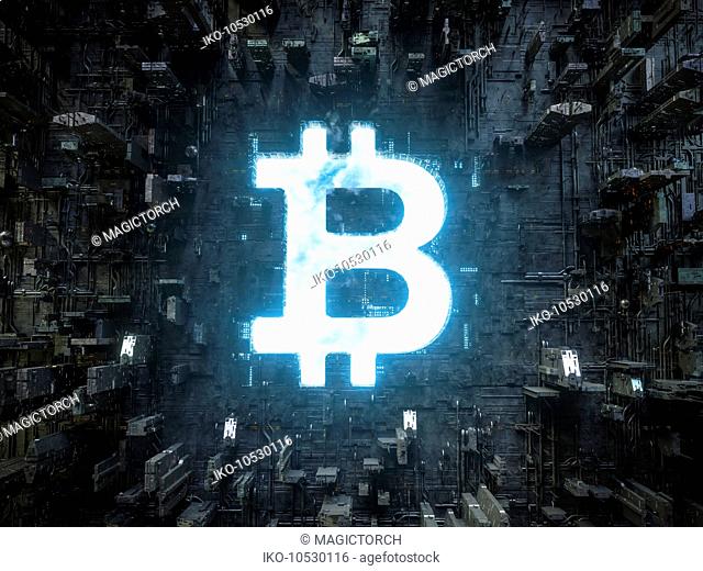 Blue sky bitcoin symbol shining in bleak industrial technology landscape