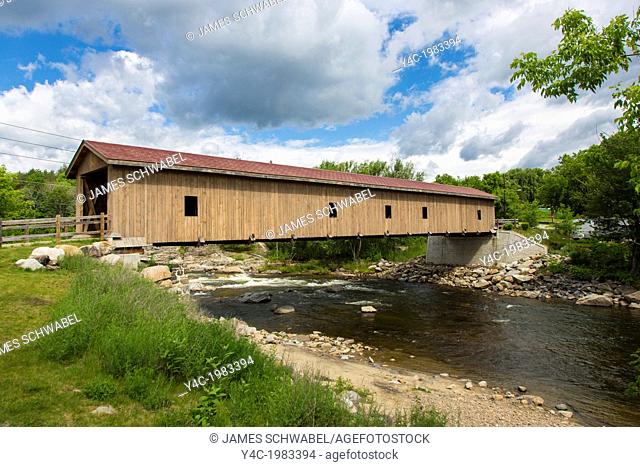 Jay Covered Wooden Bridge built in 1857 restored in 2007 over the East Branch of the Ausable River in Adirondack Mountains in Jay New York