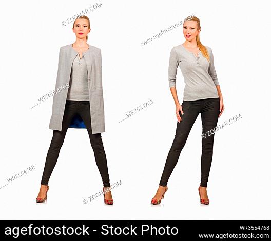 Pretty woman in gray blouse isolated on white