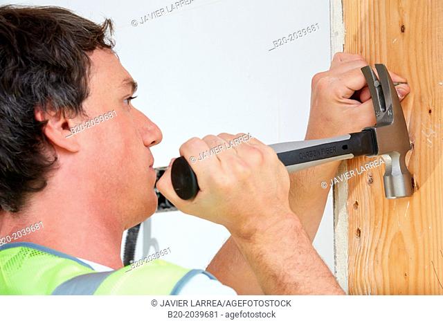 Carpenter with hammer with carbon fiber handle. Construction of residential building. Donostia. San Sebastian. Gipuzkoa. Basque Country. Spain
