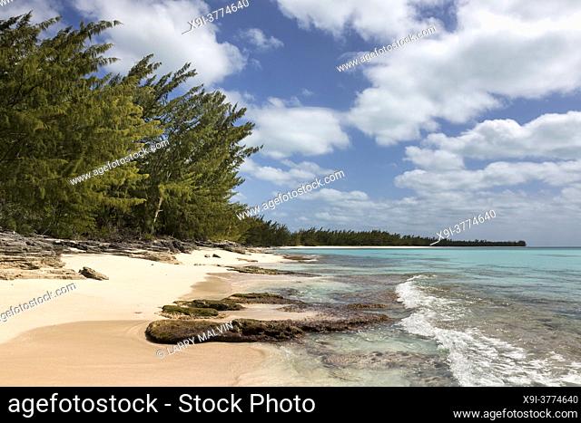 Waves, coral and beach along the shoreline in the Orange Creek area of Cat Island, Bahamas