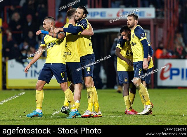 Union's players celebrate after winning a soccer match between KV Kortrijk and Royale Union Saint-Gilloise, Saturday 05 March 2022 in Kortrijk