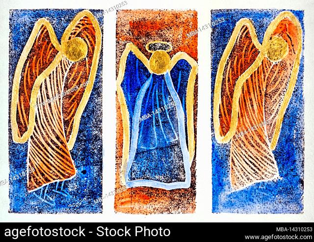 Print by Gisela Oberst Three angels, triptych, abstract, orange, gold, blue, angelic figure, angelic representation, winged, mystical, heavenly beings