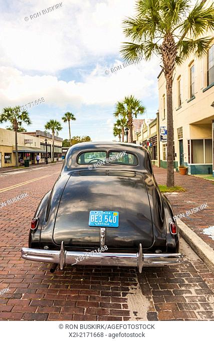 Antique car parked on street in historic Green Cove Springs, Florida