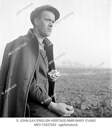 Potato farm worker, having a lunch break on the Lincolnshire Fens near Holbeach, Lincolnshire