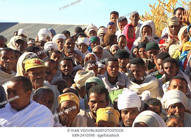 Pilgrims waitng for the entrance to The Dark tunnel, Lalibela, Amhara region, Ethiopia