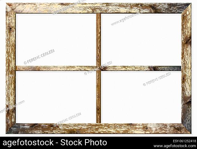 Very aged wooden window frame with cracked paint on it, mounted on a grunge wall. The glass section is isolated on white background