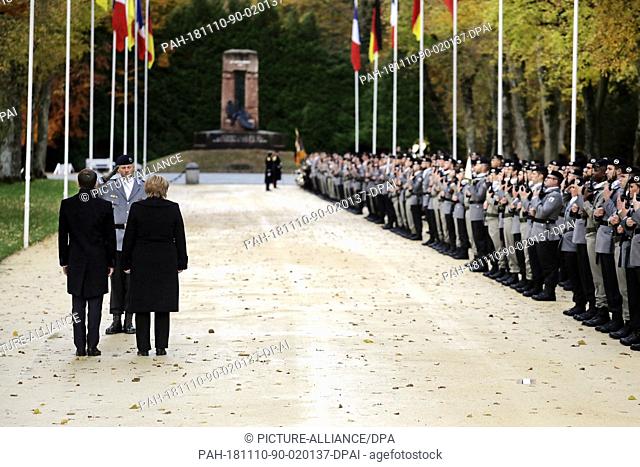 10 November 2018, France, Compiegne: German Chancellor Angela Merkel (CDU) and French President Emmanuel Macron commemorate the end of the First World War 100...