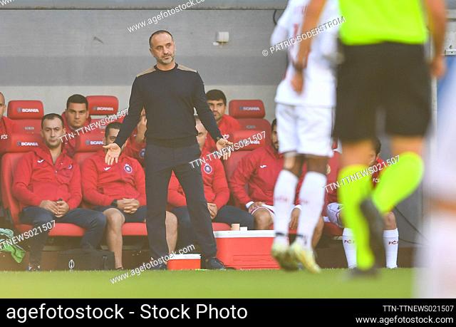 Pyunik's headcoach Yegishe Melikyan gestures during the UEFA Europa Conference League, second qualifying round first leg