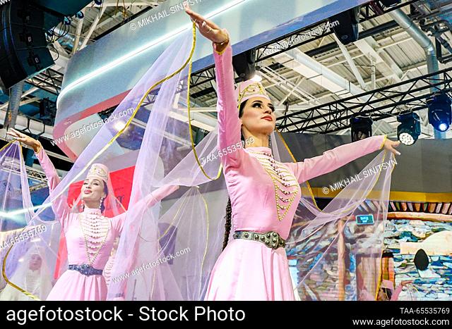 RUSSIA, MOSCOW - DECEMBER 7, 2023: Members of a dancing group perform during a traditional Ossetian wedding held as part of North Ossetia – Alania Republic Day...